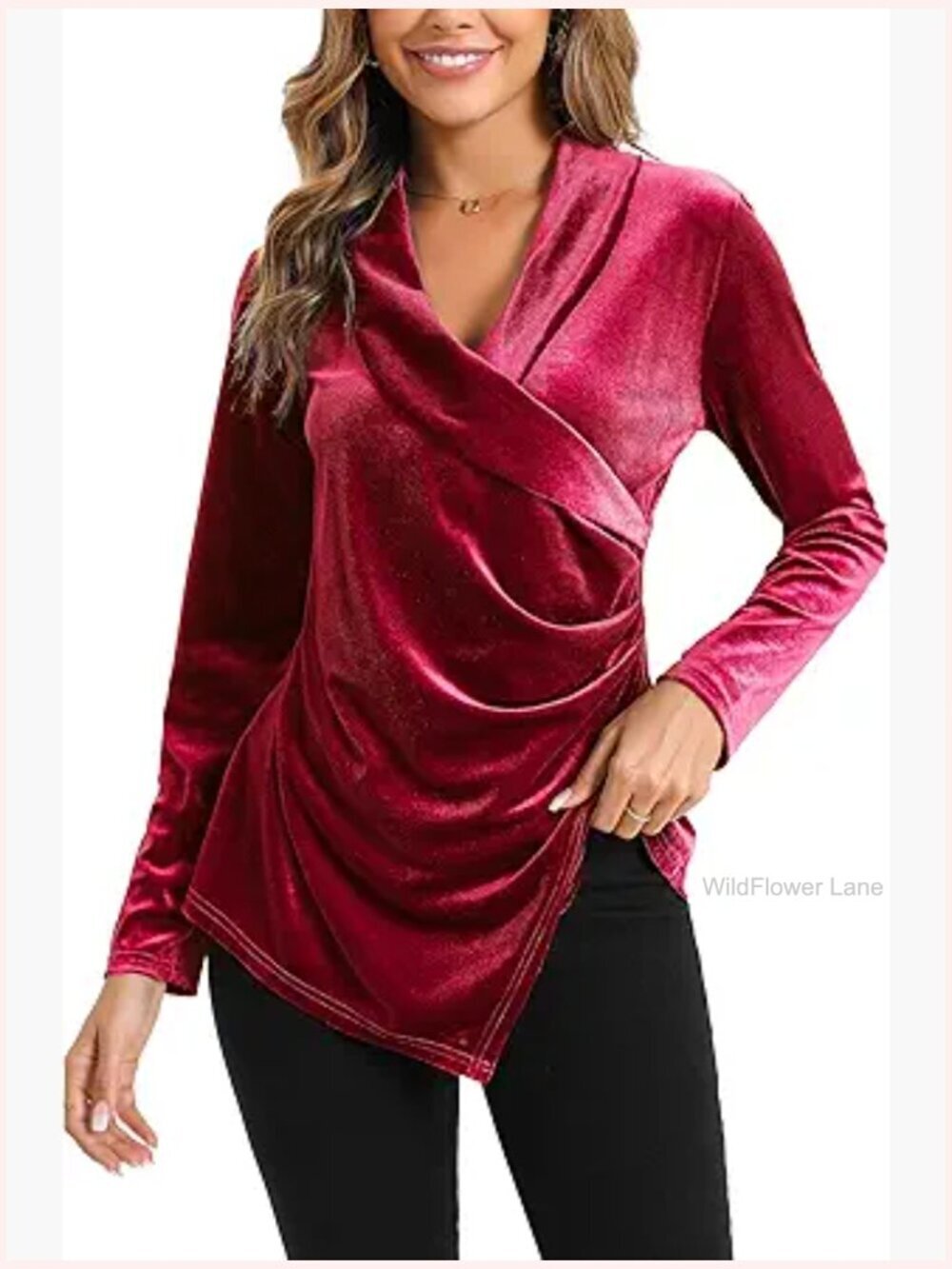Long Sleeve Velvet Cross Wrap V Neck Ruched Blouse Dressy Elegant Top
